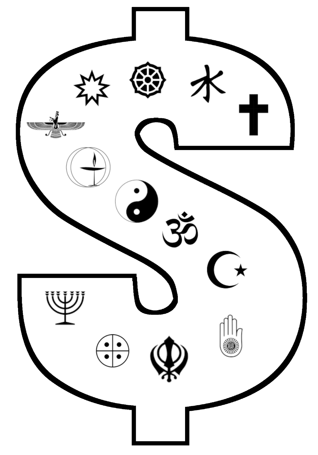 dollar sign with religious symbols